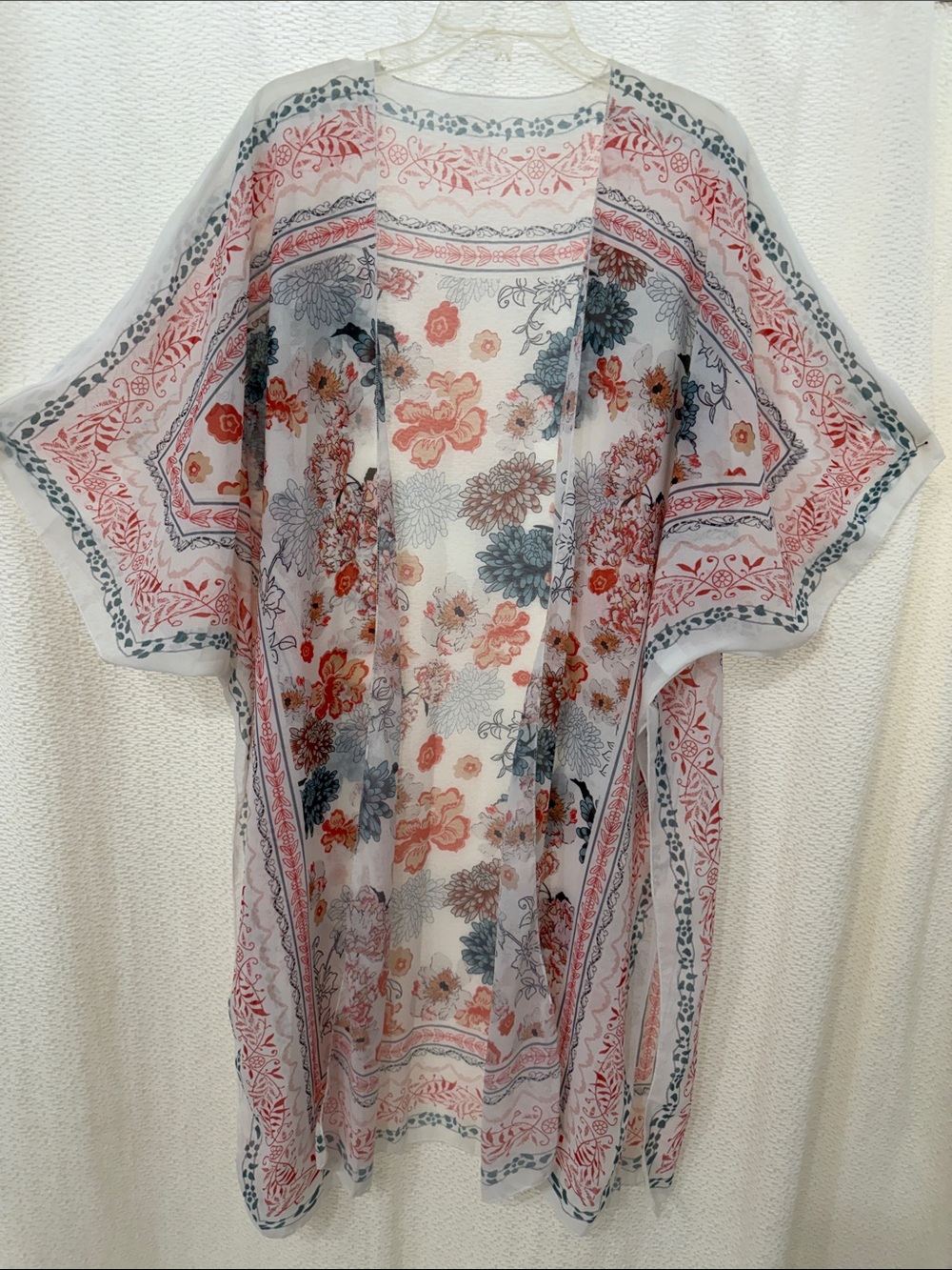 Lightweight Floral Sheer Kimono Wrap - Coral & Teal